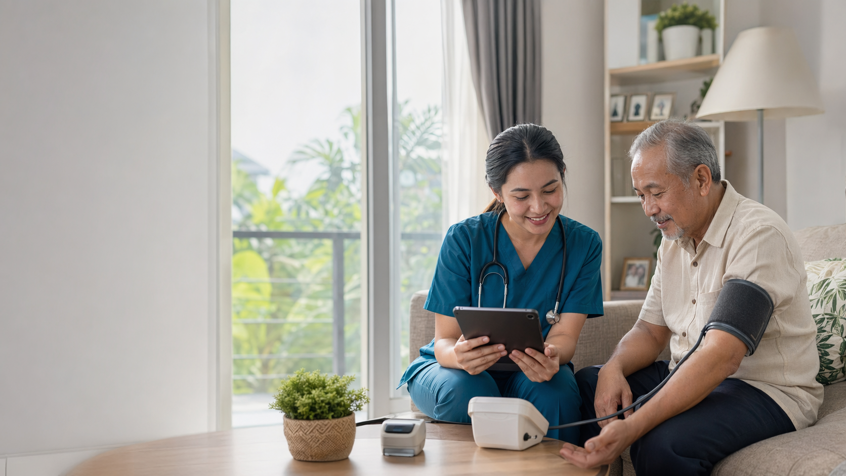 Malaysian patient using home health monitoring devices with a care coordinator